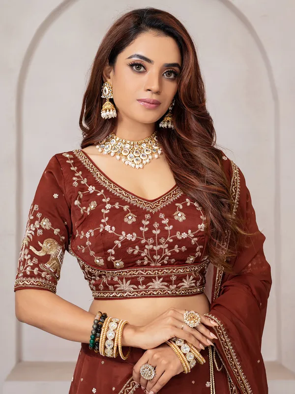 Brown raw silk lehenga choli for evening events