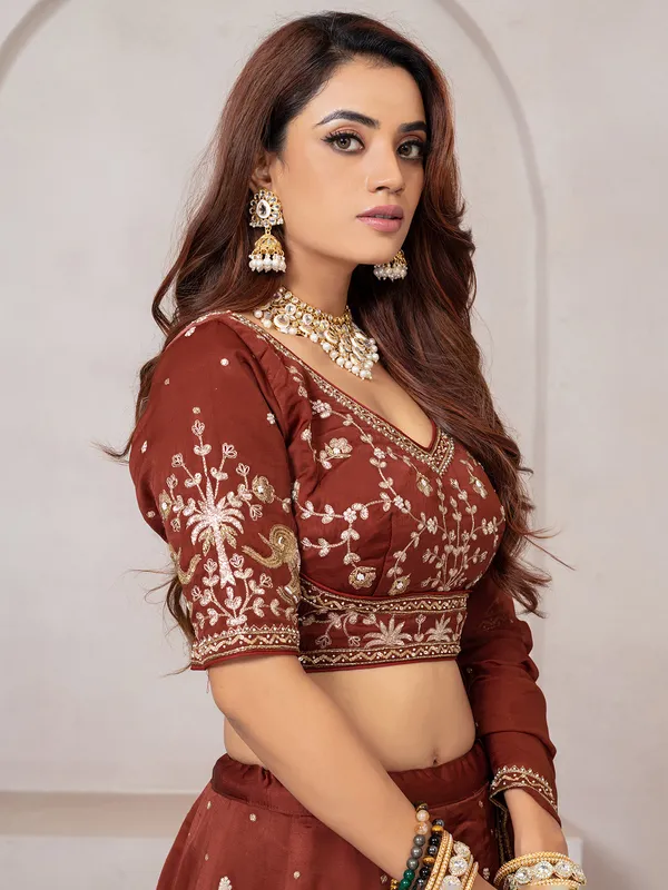 Brown raw silk lehenga choli for evening events