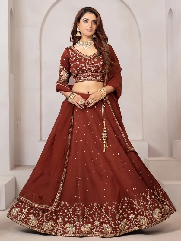 Brown raw silk lehenga choli for evening events
