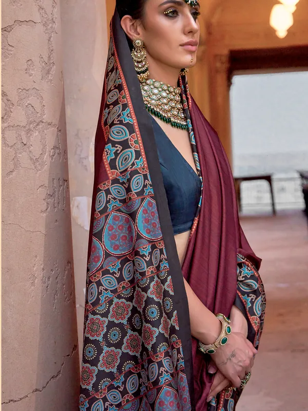 Brown saree with soft silk and printed pattern