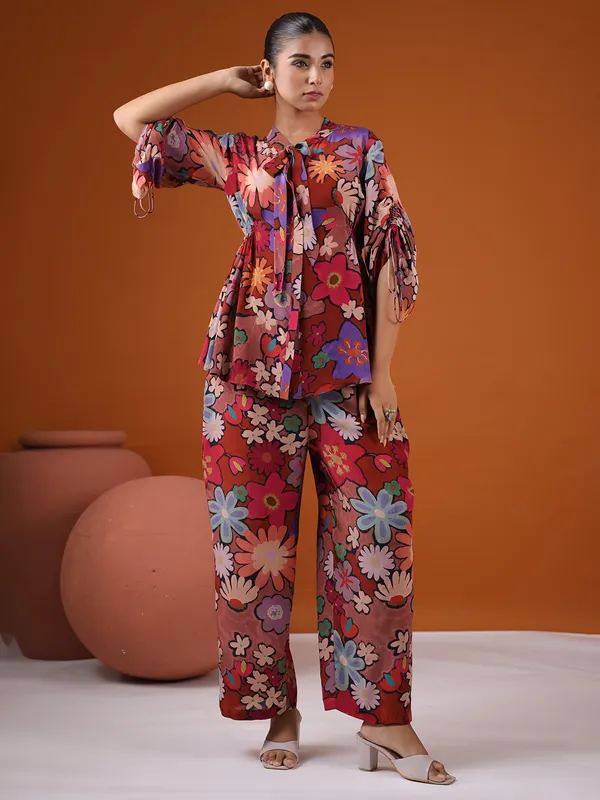 Brown satin printed co ord set