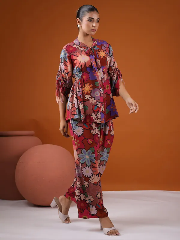 Brown satin printed co ord set