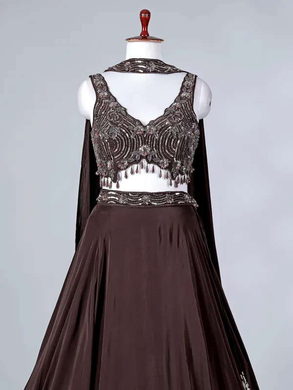 Brown satin silk lehenga choli with V neck