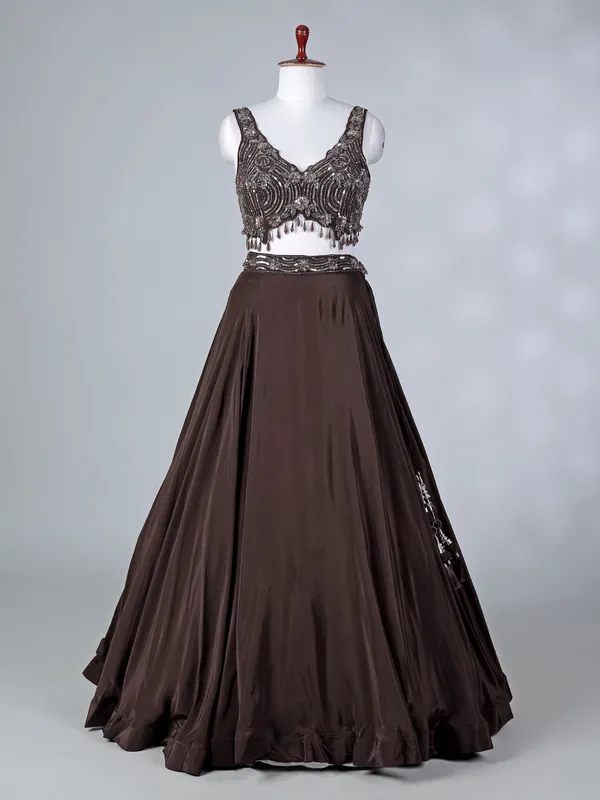 Brown satin silk lehenga choli with V neck
