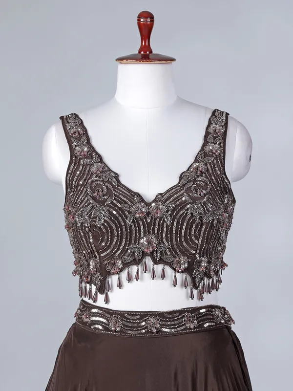 Brown satin silk lehenga choli with V neck