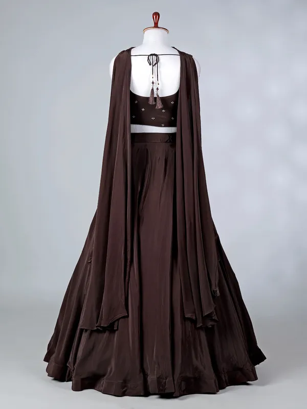 Brown satin silk lehenga choli with V neck