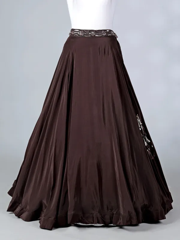 Brown satin silk lehenga choli with V neck