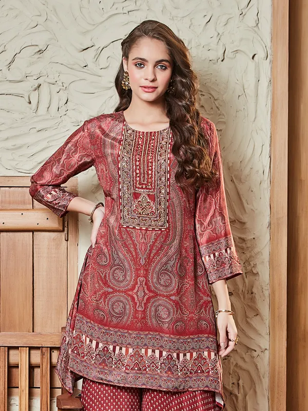 Brown satin silk palazzo kurti set for women
