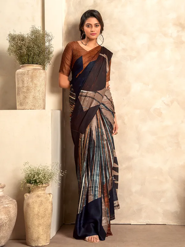 Brown satin silk printed saree