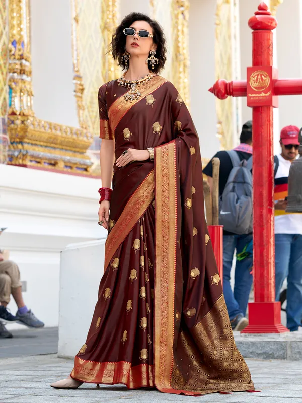 Brown satin silk saree with rich zari weaving