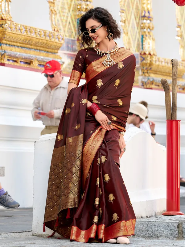 Brown satin silk saree with rich zari weaving