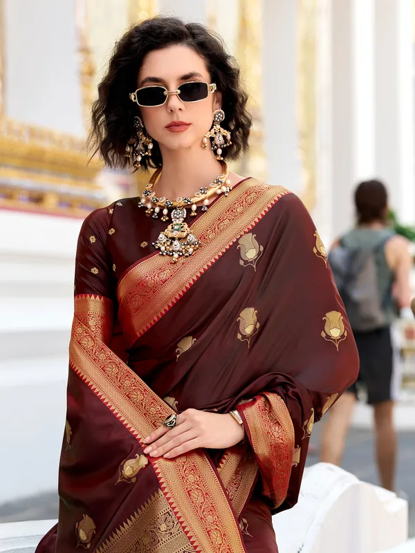 Brown satin silk saree with rich zari weaving