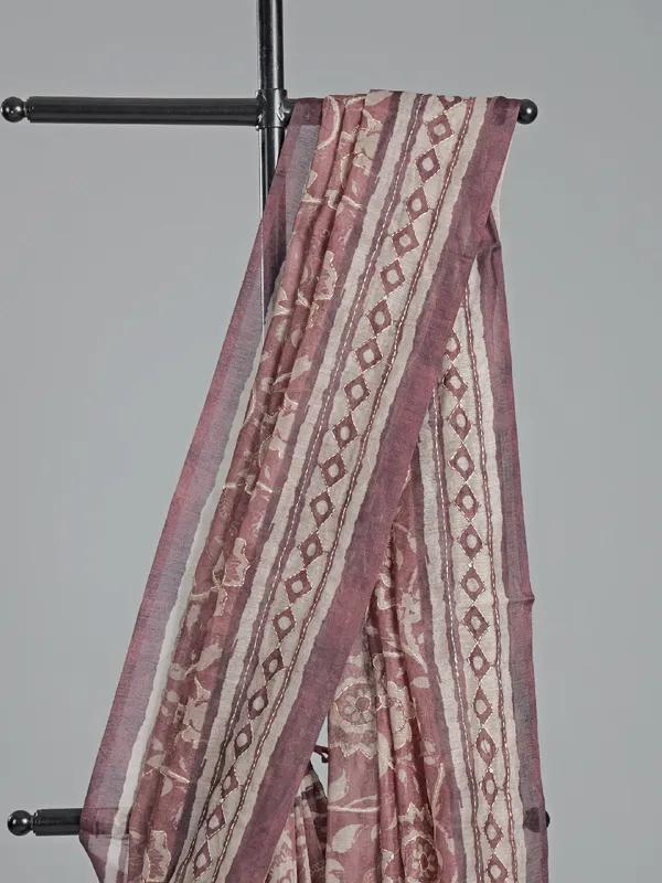 Brown semi cotton printed saree