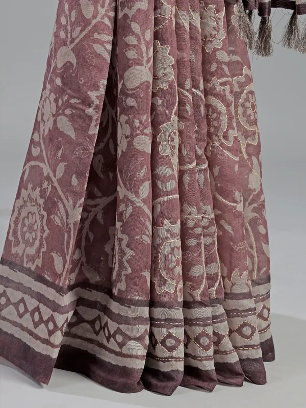 Brown semi cotton printed saree