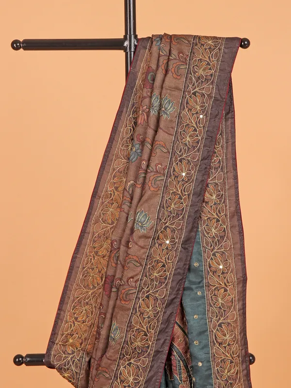 Brown semi cotton silk printed saree for festive