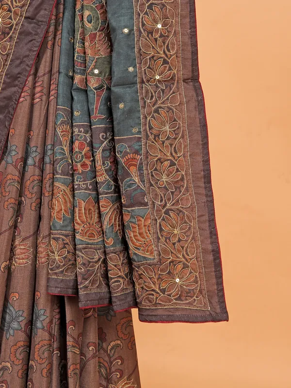 Brown semi cotton silk printed saree for festive