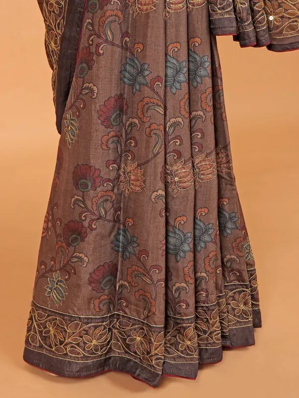 Brown semi cotton silk printed saree for festive