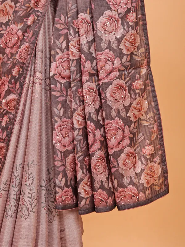 Brown semi silk printed saree for women