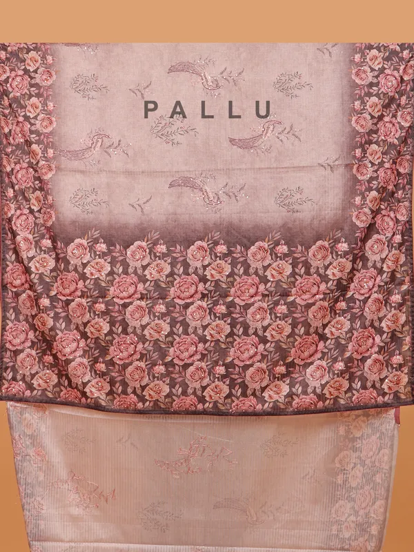 Brown semi silk printed saree for women