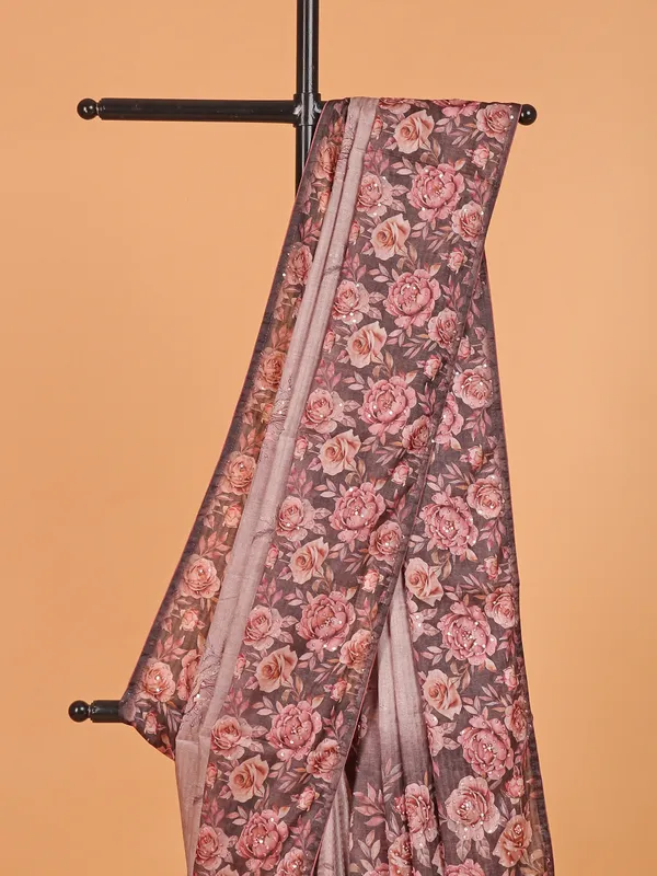 Brown semi silk printed saree for women