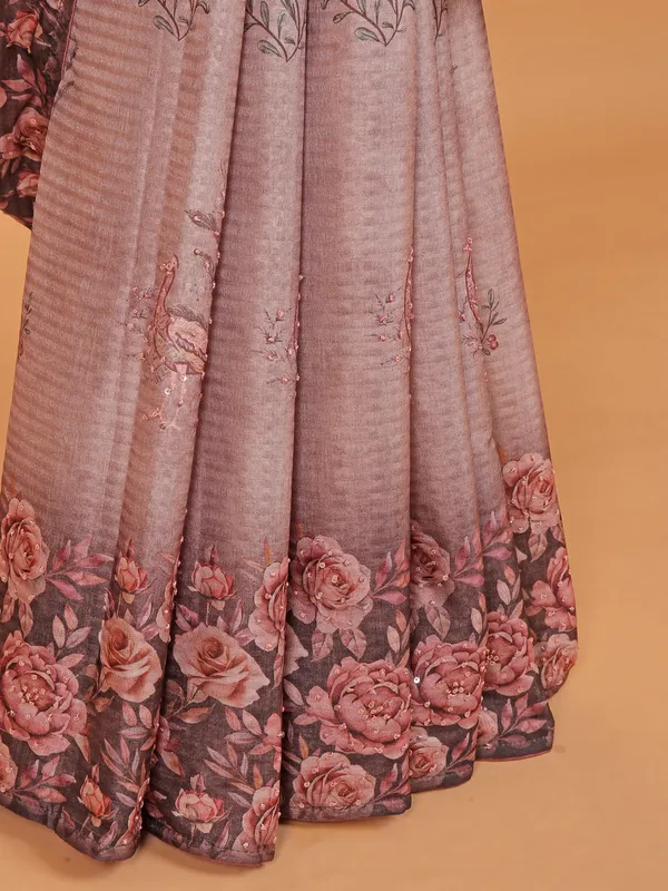 Brown semi silk printed saree for women