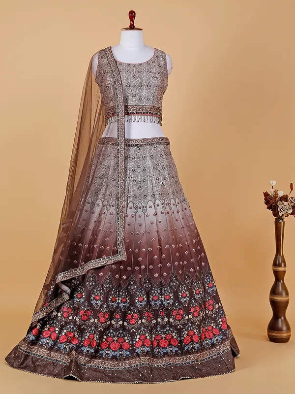 Brown shaded printed silk lehenga choli