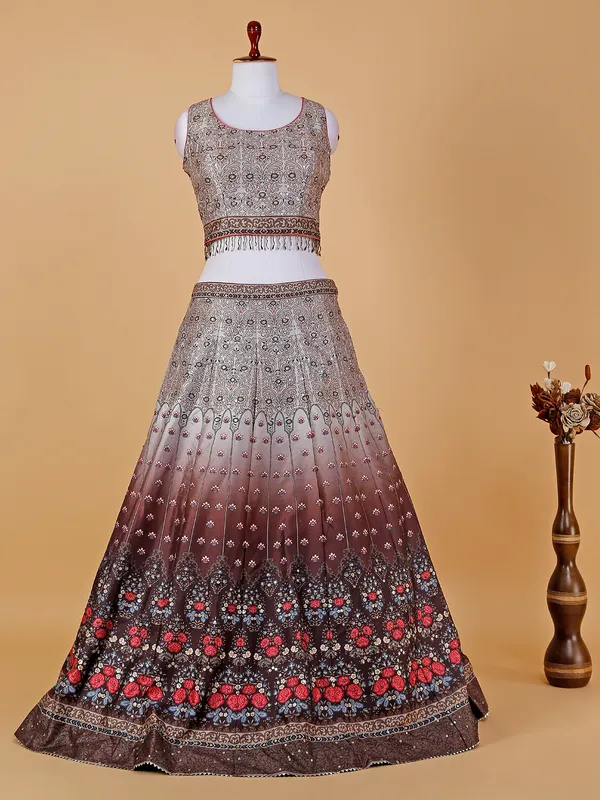 Brown shaded printed silk lehenga choli