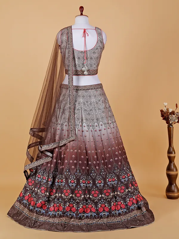 Brown shaded printed silk lehenga choli