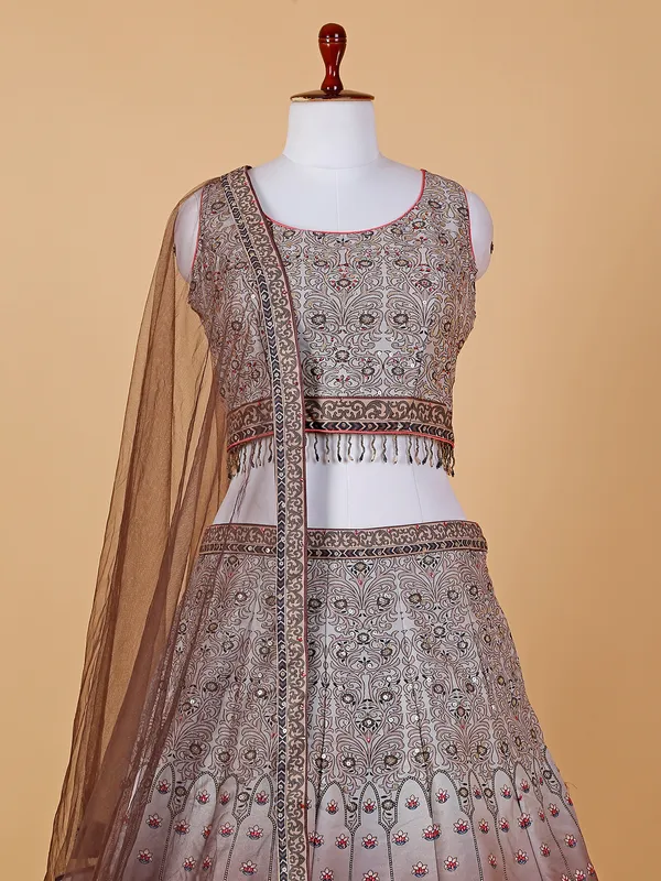 Brown shaded printed silk lehenga choli