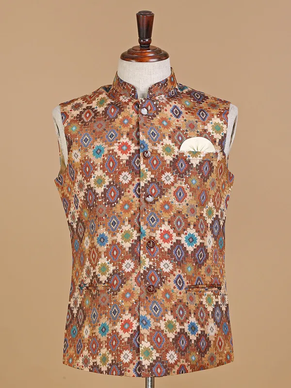 Brown shaded silk printed waistcoat