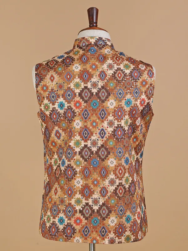 Brown shaded silk printed waistcoat
