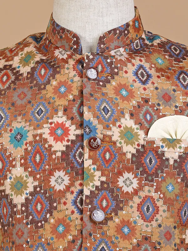 Brown shaded silk printed waistcoat