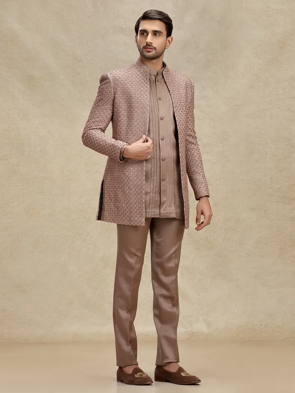 Brown silk embroidered layers indowestern with jacket