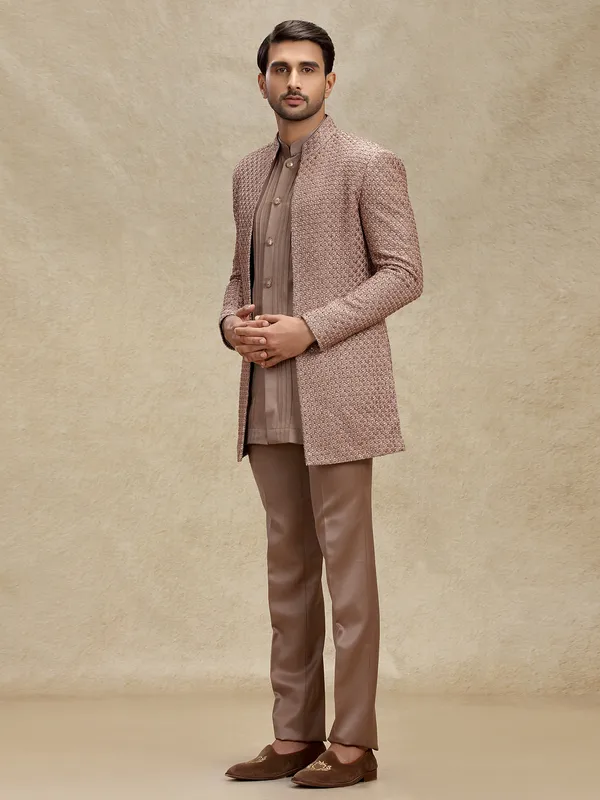 Brown silk embroidered layers indowestern with jacket