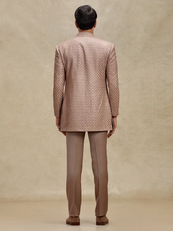 Brown silk embroidered layers indowestern with jacket