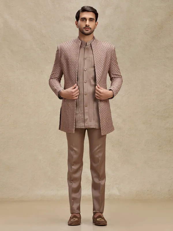 Brown silk embroidered layers indowestern with jacket