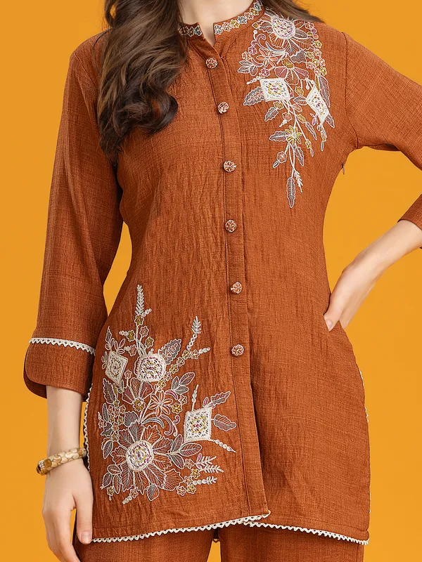 Brown silk embroidered pant co-ord set