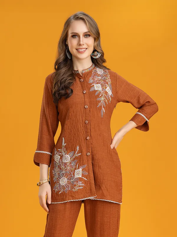 Brown silk embroidered pant co-ord set