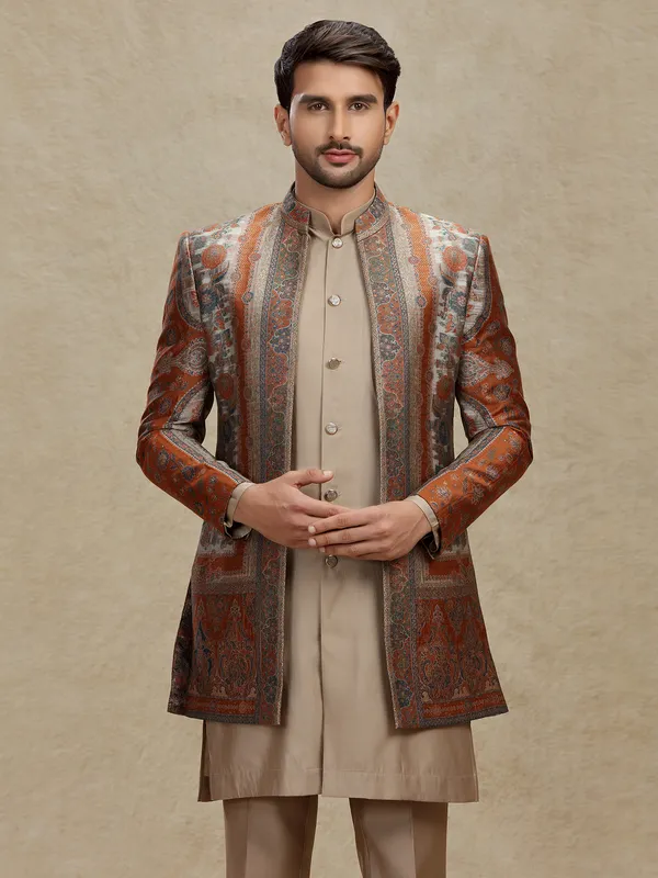 Brown silk indo western outfit for Men