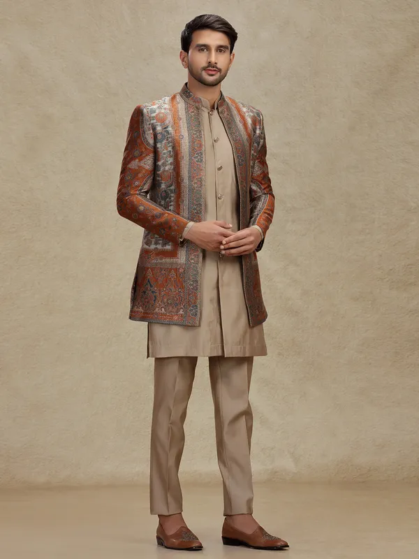 Brown silk indo western outfit for Men