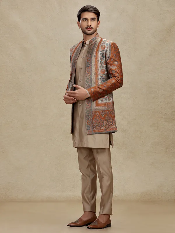 Brown silk indo western outfit for Men