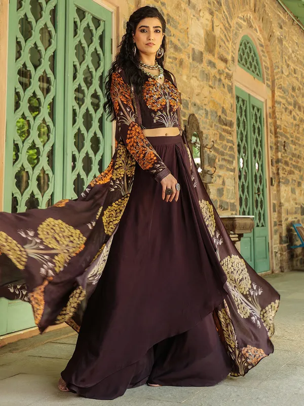 Brown silk indowestern salwar suit with shrug