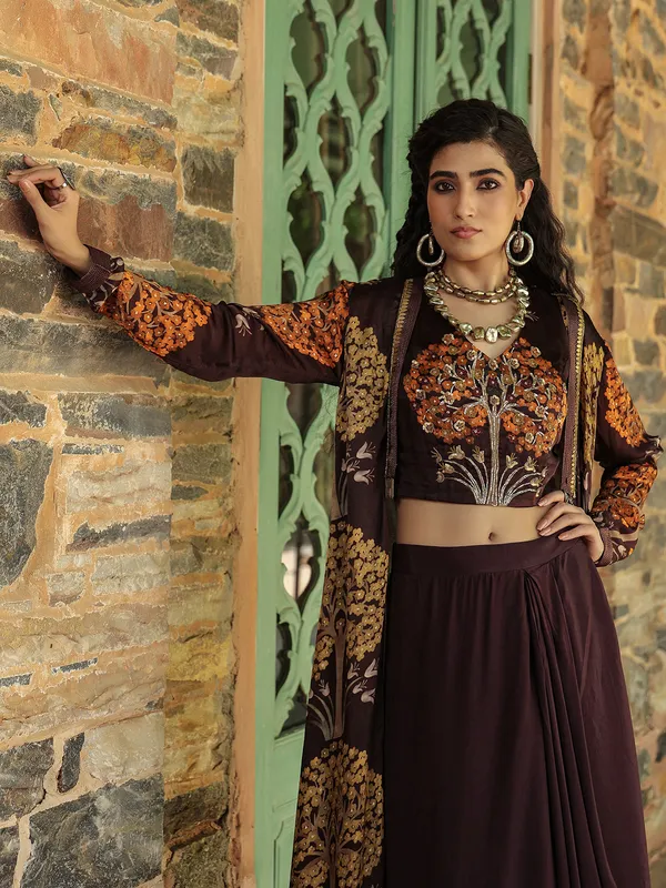 Brown silk indowestern salwar suit with shrug