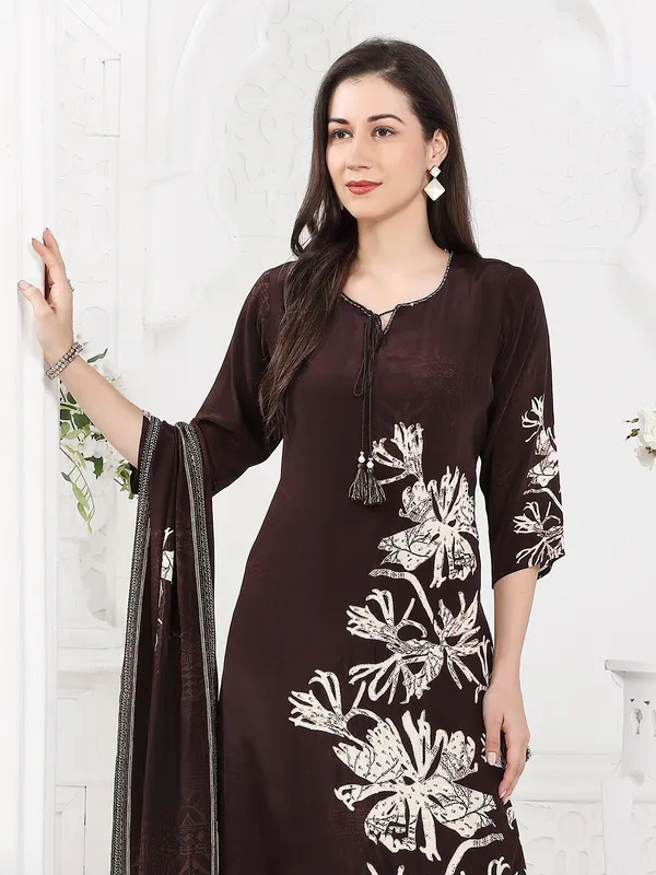 Brown silk kurti set with print