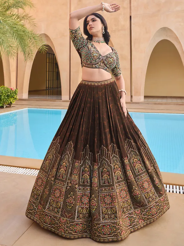 Brown silk lehenga choli with print