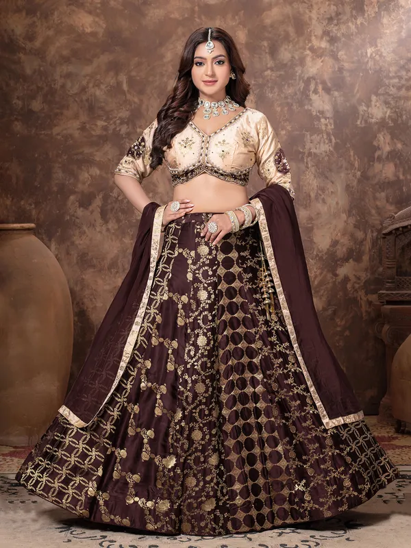 Brown silk lehenga choli with zardosi work