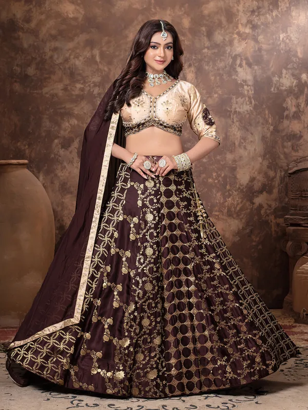 Brown silk lehenga choli with zardosi work
