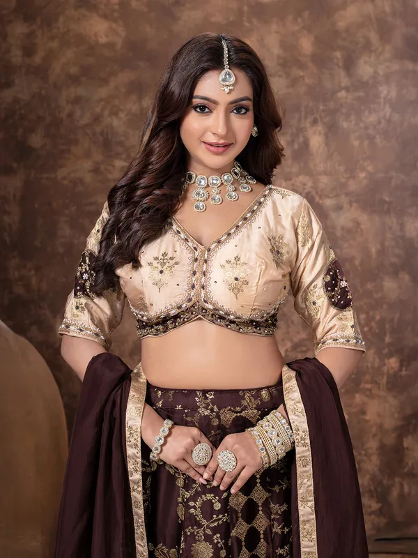 Brown silk lehenga choli with zardosi work