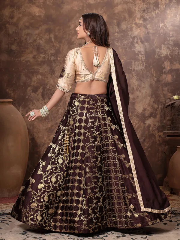 Brown silk lehenga choli with zardosi work