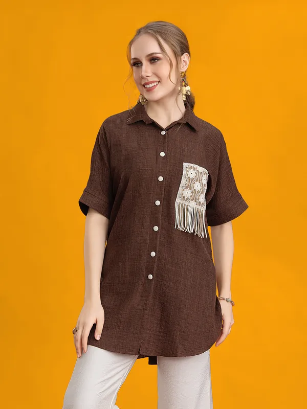 Brown silk palazzo co-ord with detailed embroidery